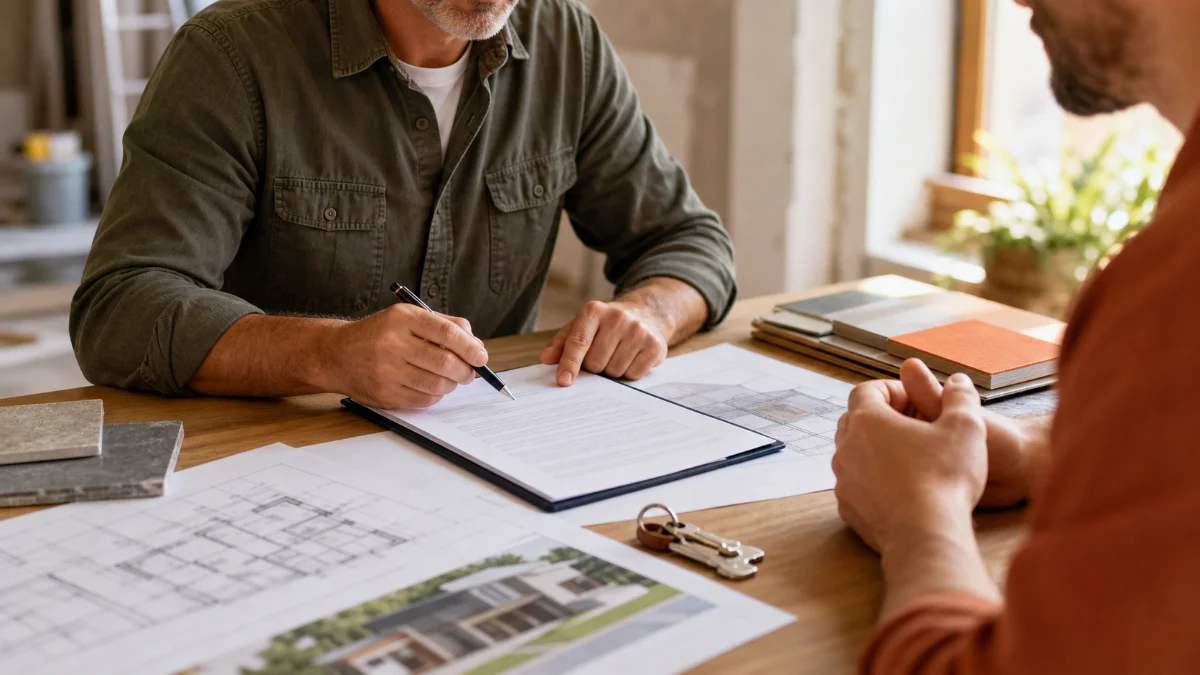 Profesional y cliente revisando un acuerdo de obra junto a planos y llaves de una vivienda