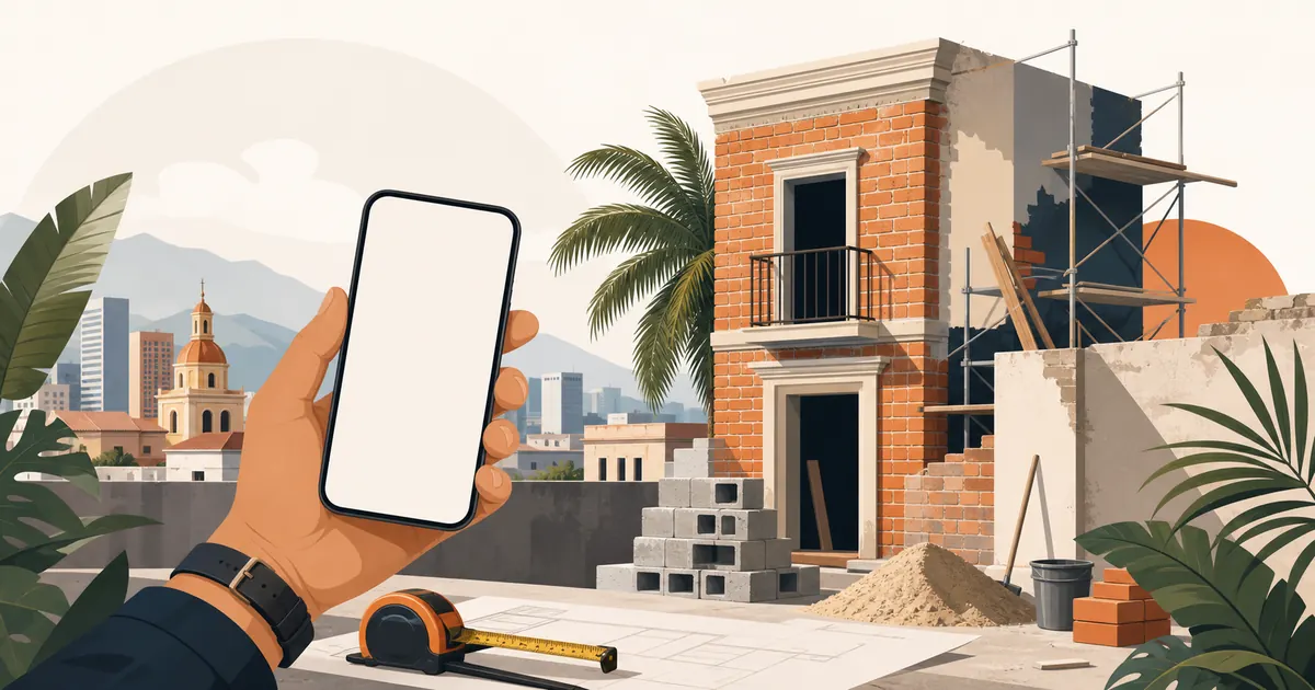 Construction contractor creating an estimate from a phone at a jobsite