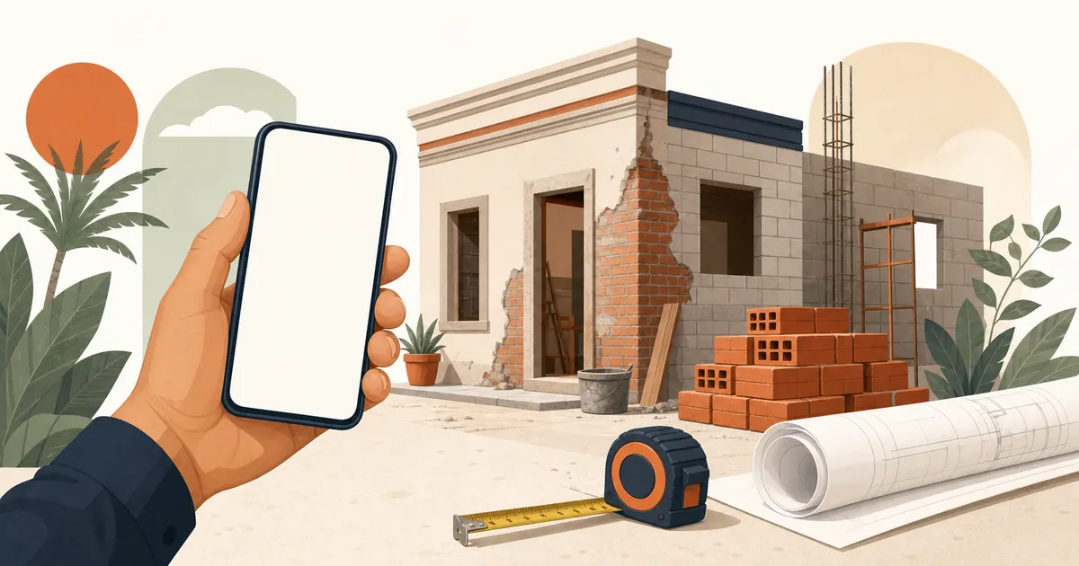 Construction contractor creating an estimate from a phone at a jobsite