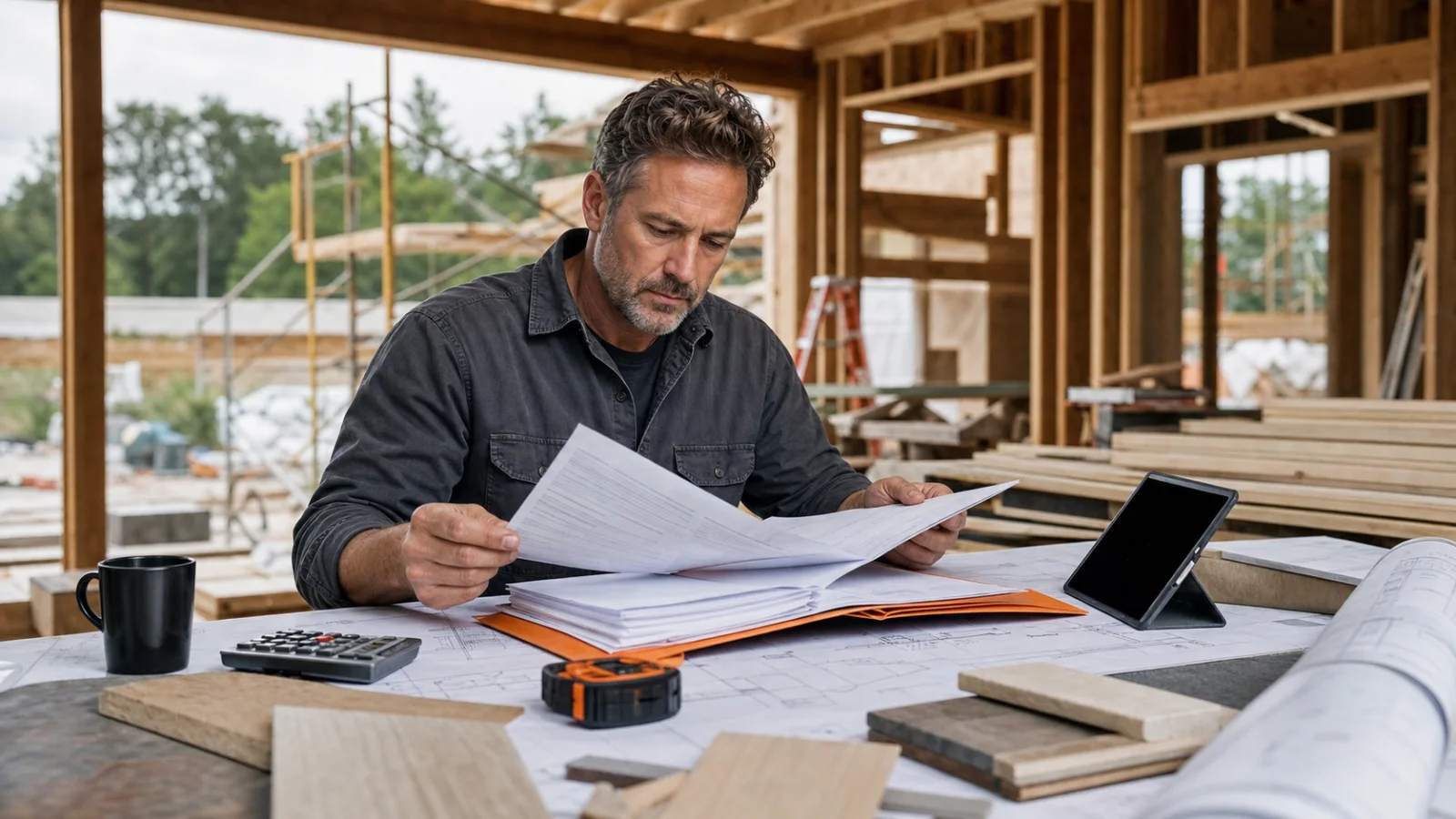 US contractor reviewing construction estimates at a residential jobsite