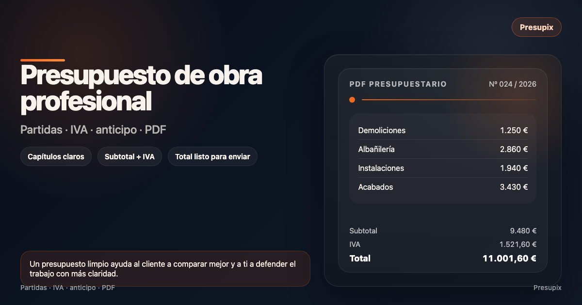 Presupuesto de obra profesional con partidas, IVA y total sobre fondo oscuro de Presupix
