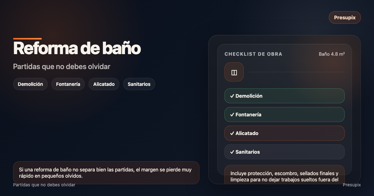 Checklist de reforma de baño con partidas clave sobre fondo oscuro de Presupix