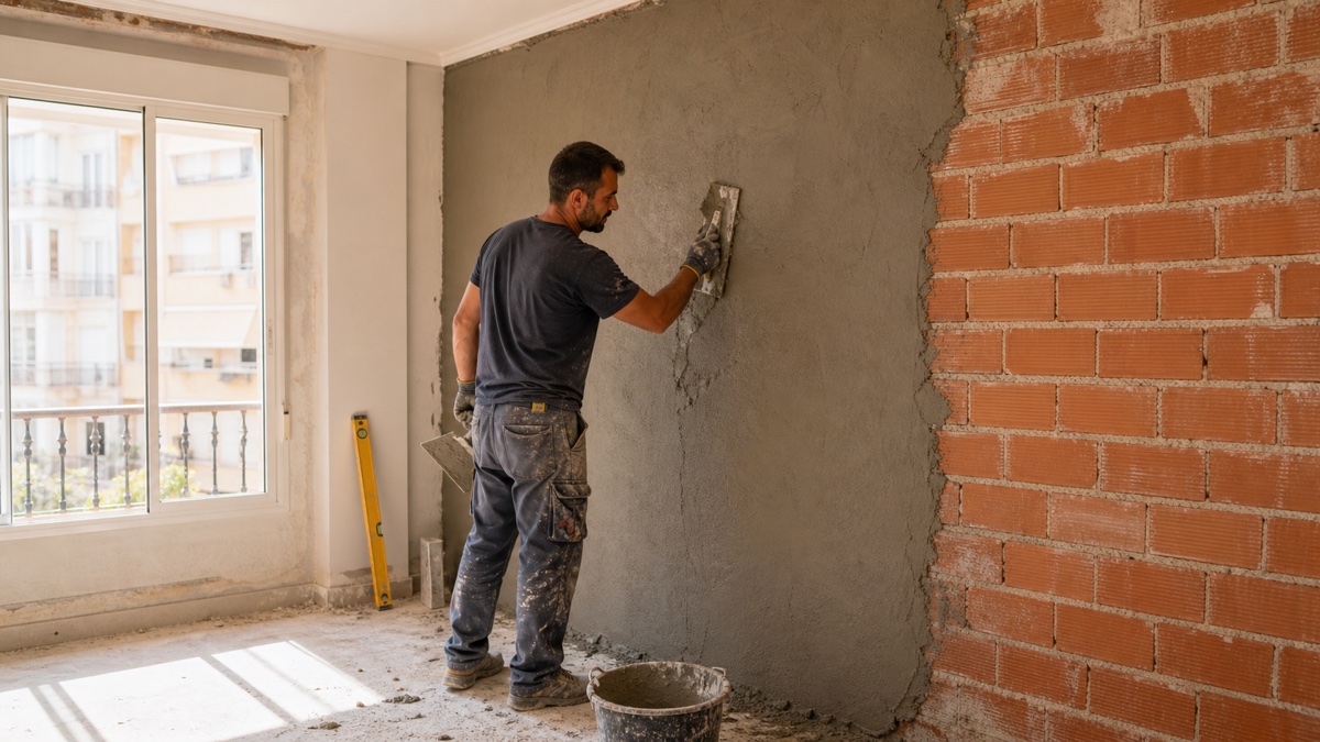Albañil aplicando enfoscado en una vivienda en reforma en España