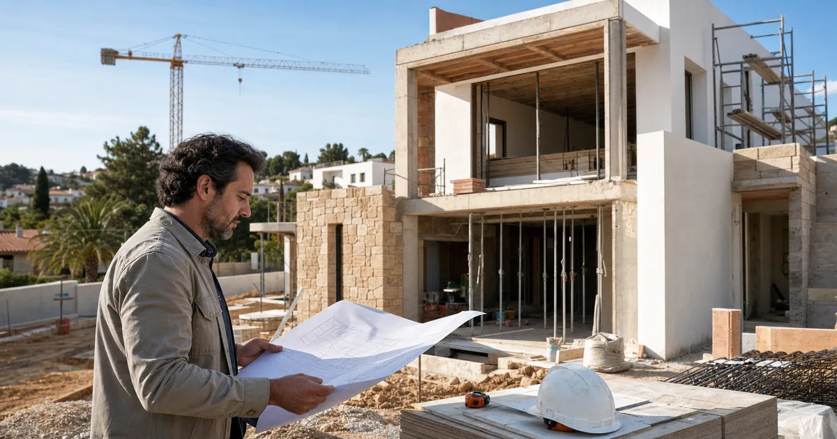 Vivienda unifamiliar moderna en construcción en España con arquitecto revisando planos