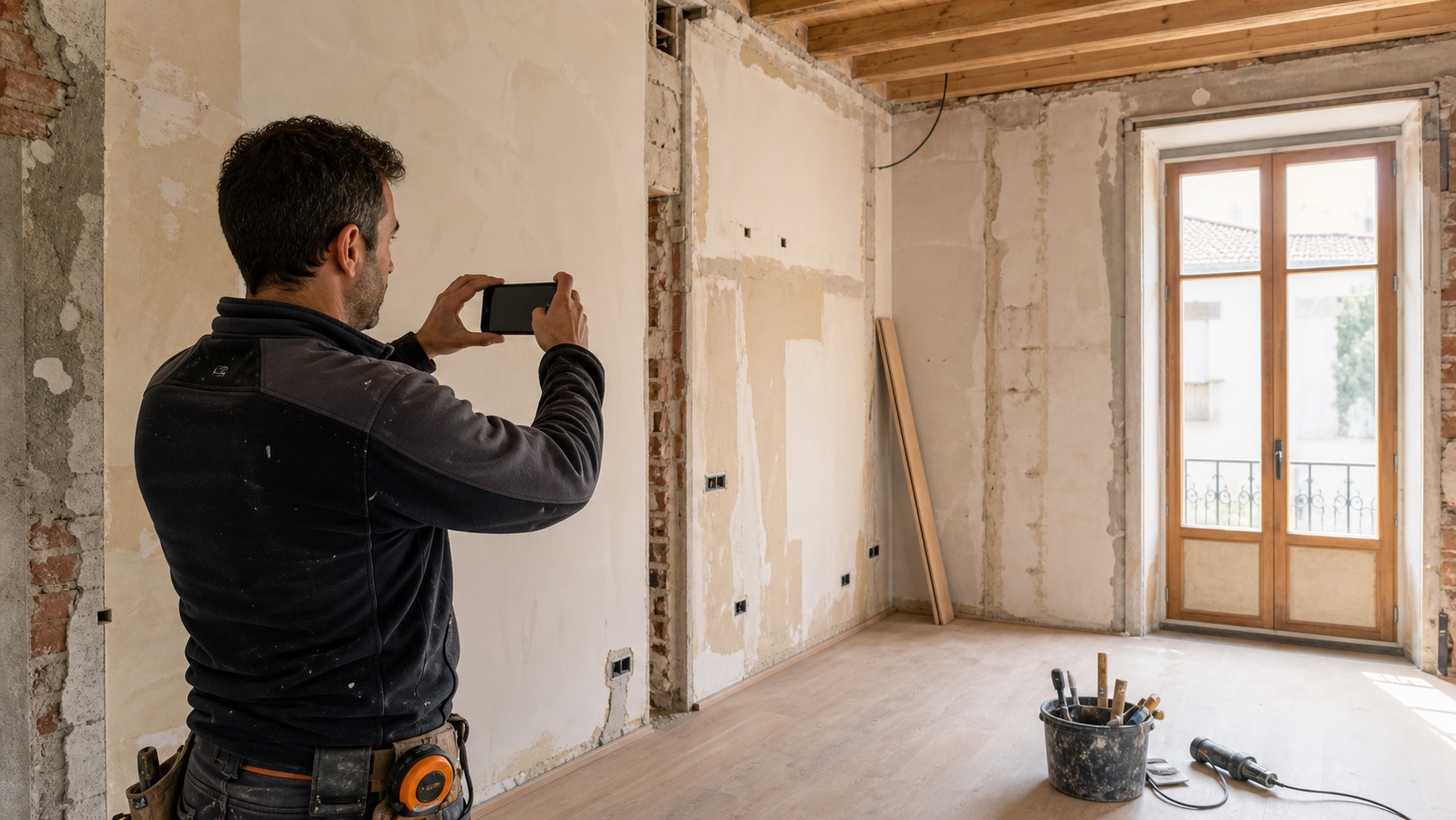 Profesional de reformas fotografiando el estado de una habitación antes del inicio de los trabajos