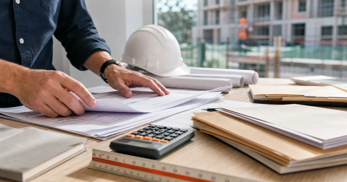 Planos de construcción, casco y calculadora para gestionar impuestos de una vivienda en España
