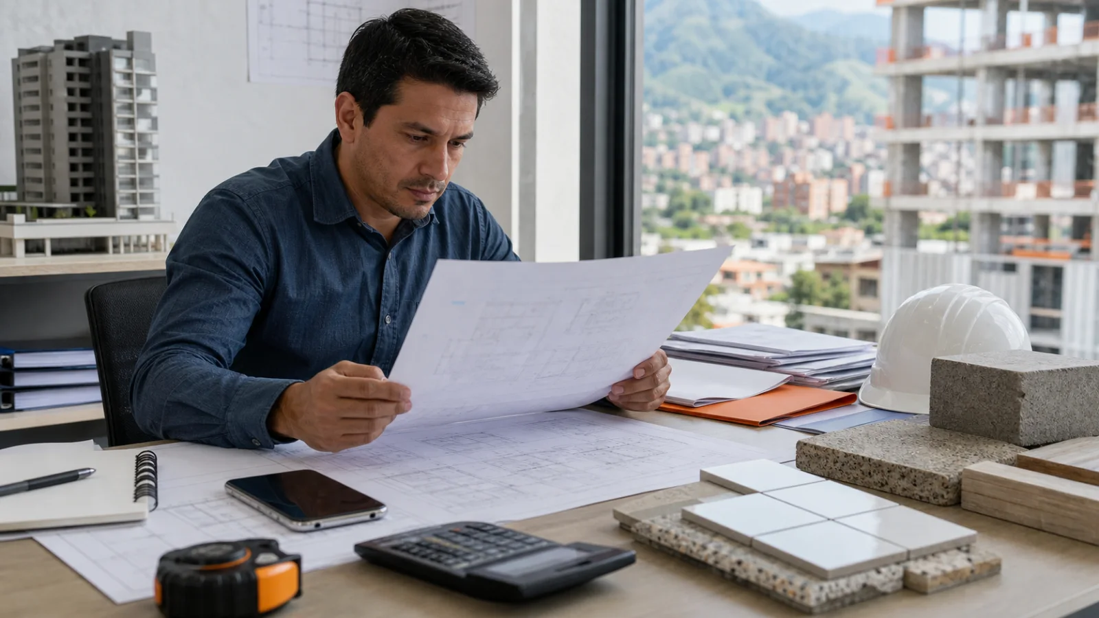 Contratista colombiano revisando un presupuesto profesional en una oficina de obra