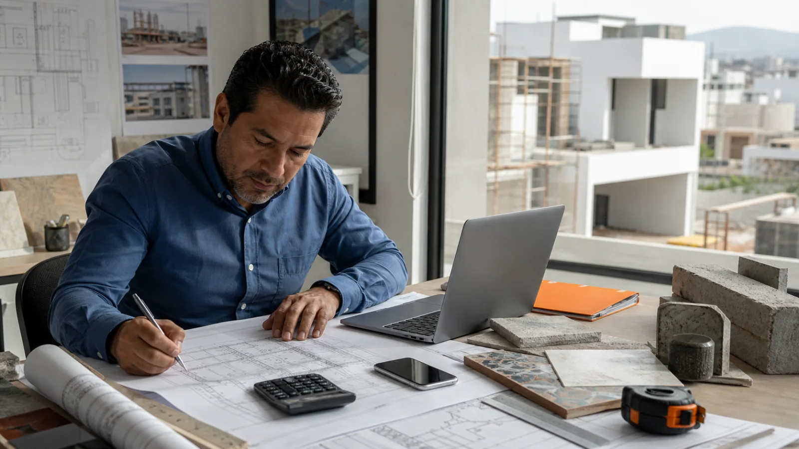Contratista mexicano preparando un presupuesto de obra junto a planos y materiales