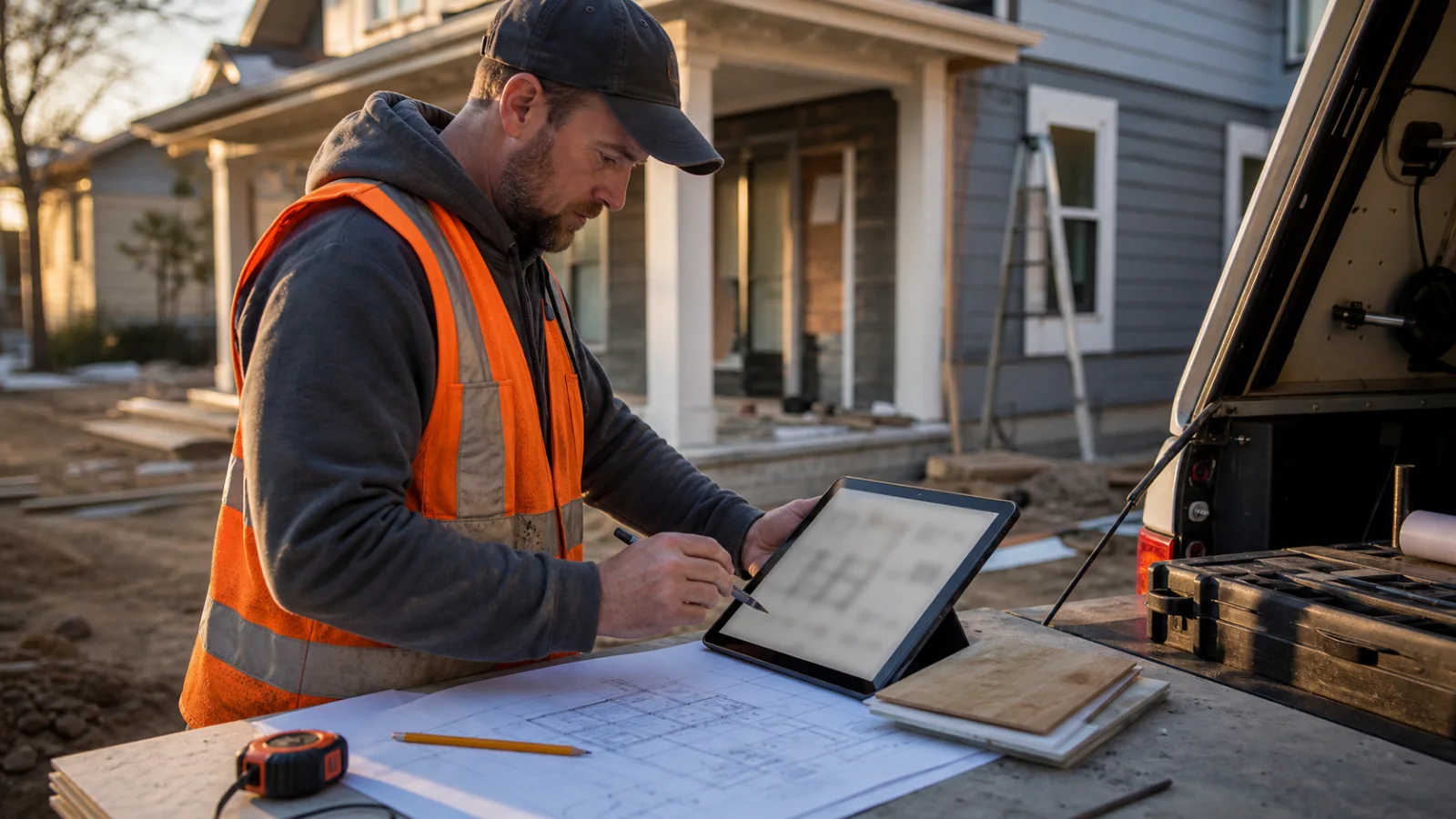 Solo contractor comparing estimating workflows at a mobile jobsite workstation