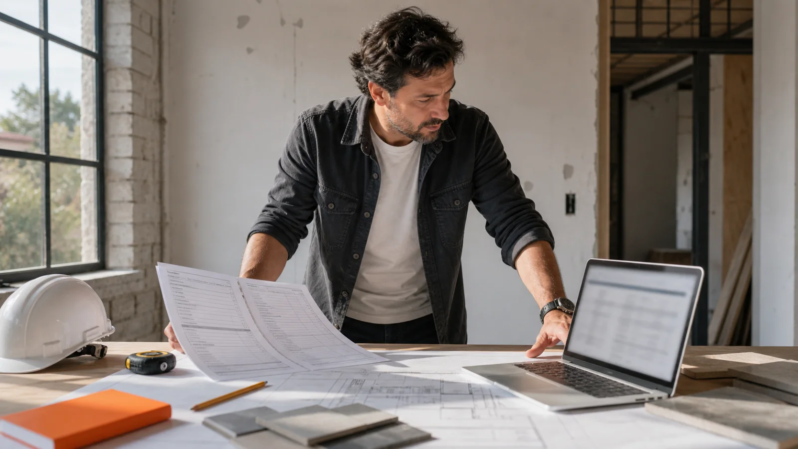 Autónomo de la construcción comparando dos flujos de presupuestos en una obra