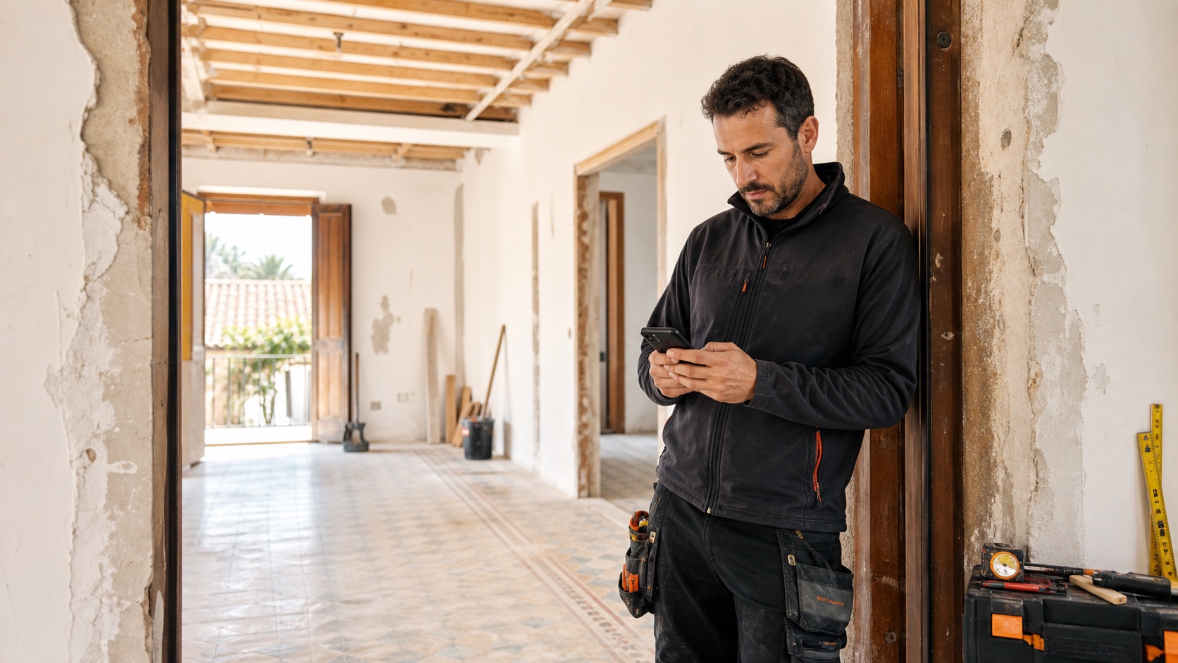 Profesional de reformas elaborando un presupuesto desde el móvil en la visita a la obra