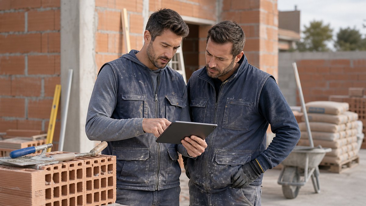 Albañiles revisando partidas de obra y presupuesto en una tablet