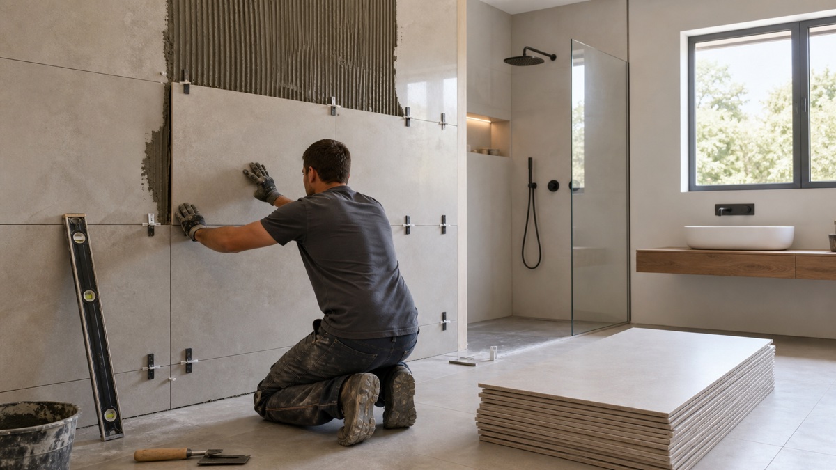 Profesional colocando azulejos porcelánicos en un baño en reforma