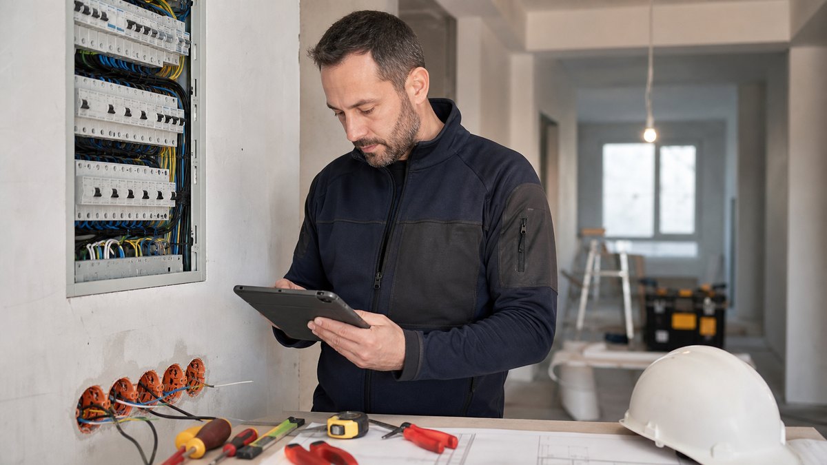 Electricista revisando una instalación eléctrica y un presupuesto en tablet