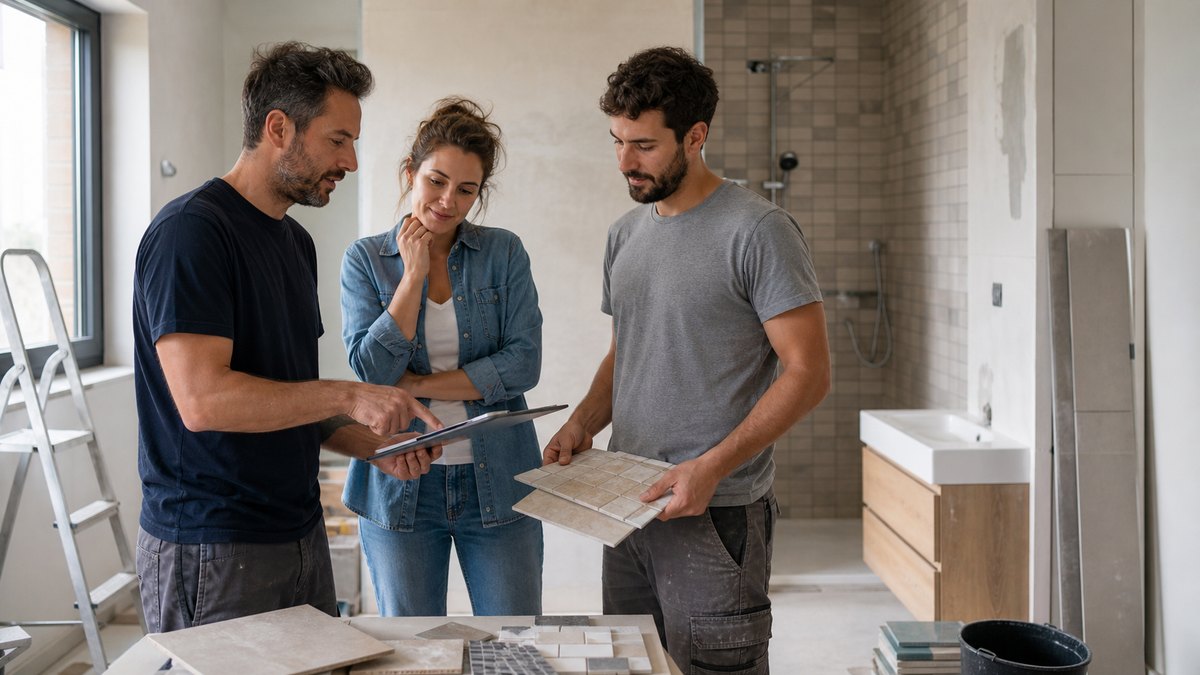 Equipo de reforma de baño revisando azulejos y presupuesto