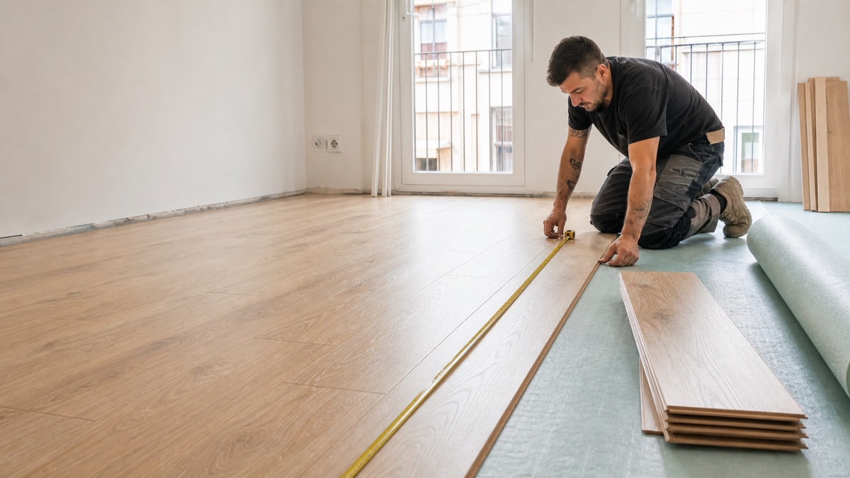 Instalador colocando suelo laminado en una vivienda reformada en España