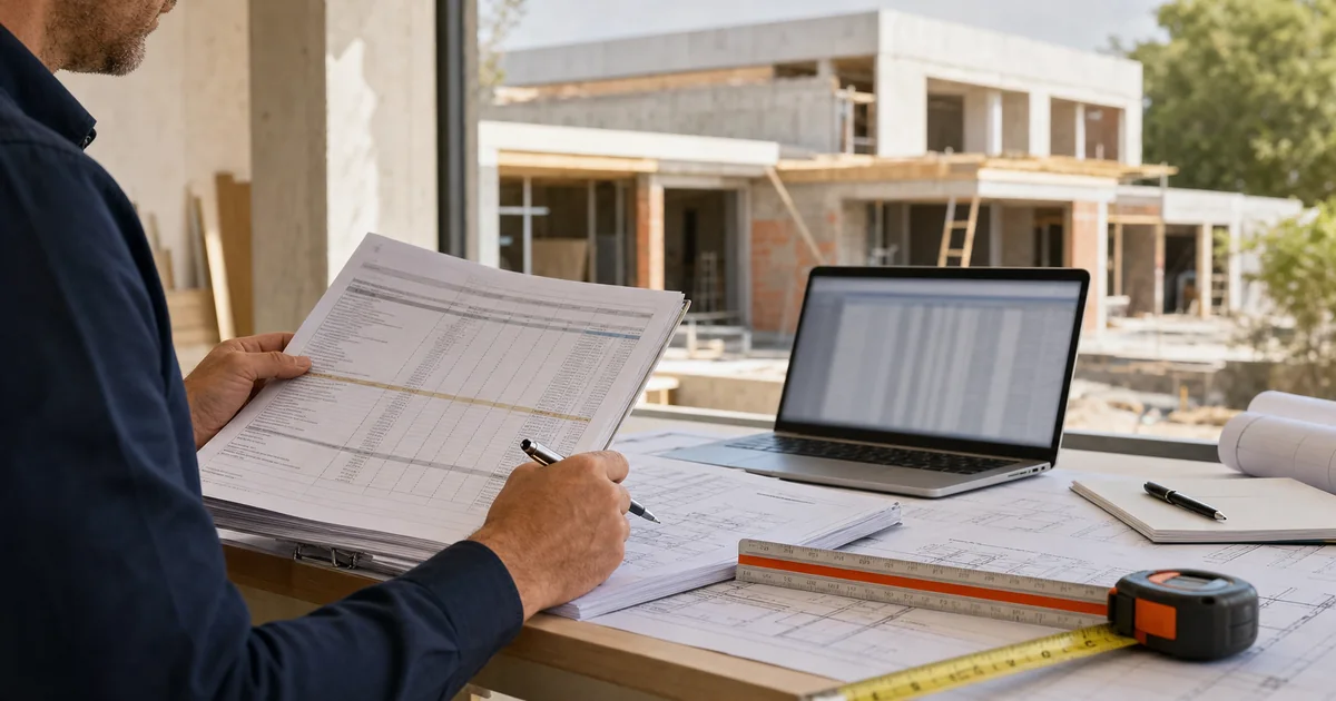 Profesional revisando el presupuesto de una vivienda de obra nueva junto a planos y herramientas
