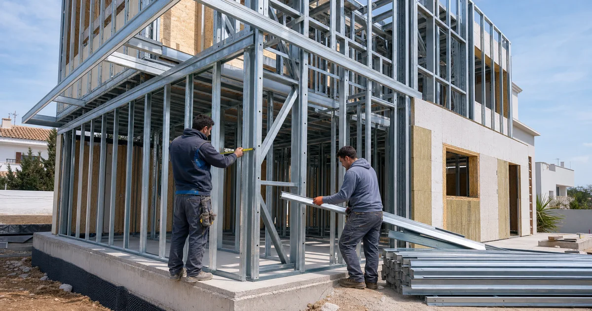 Vivienda Steel Frame en construcción con estructura de acero galvanizado expuesta