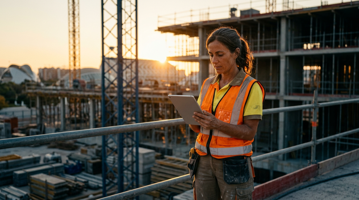 Profesional de obra revisando presupuesto en tablet al atardecer