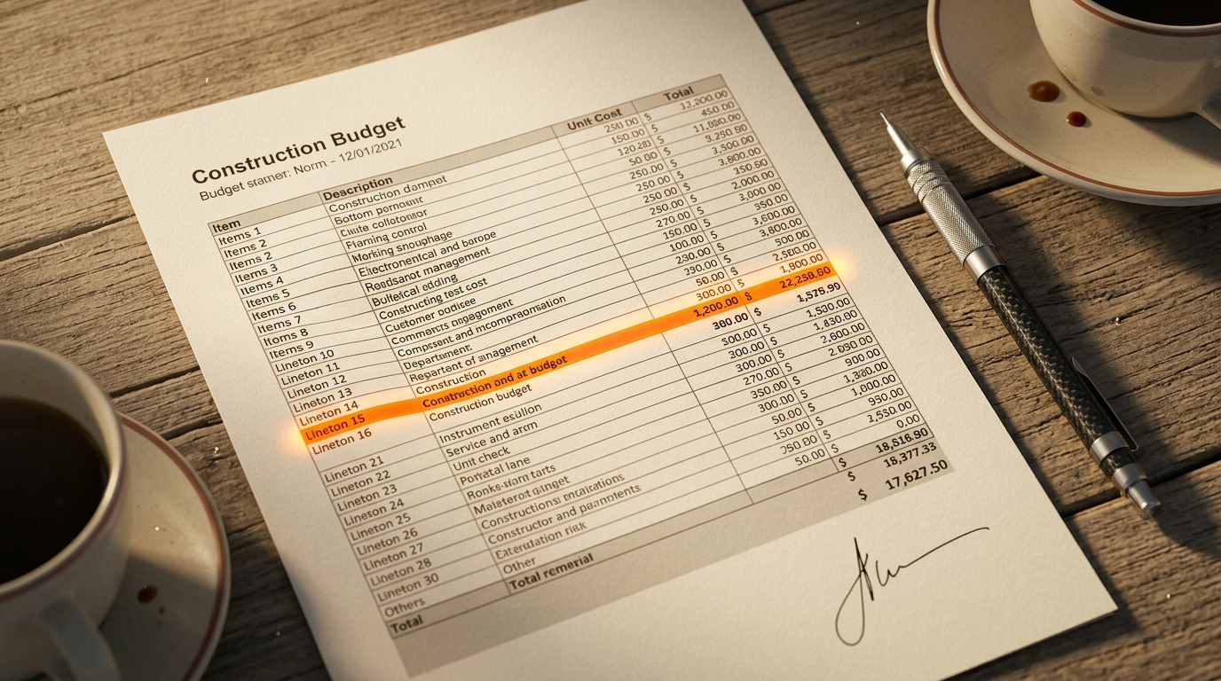 Plantilla de presupuesto de obra en Excel sobre escritorio de madera
