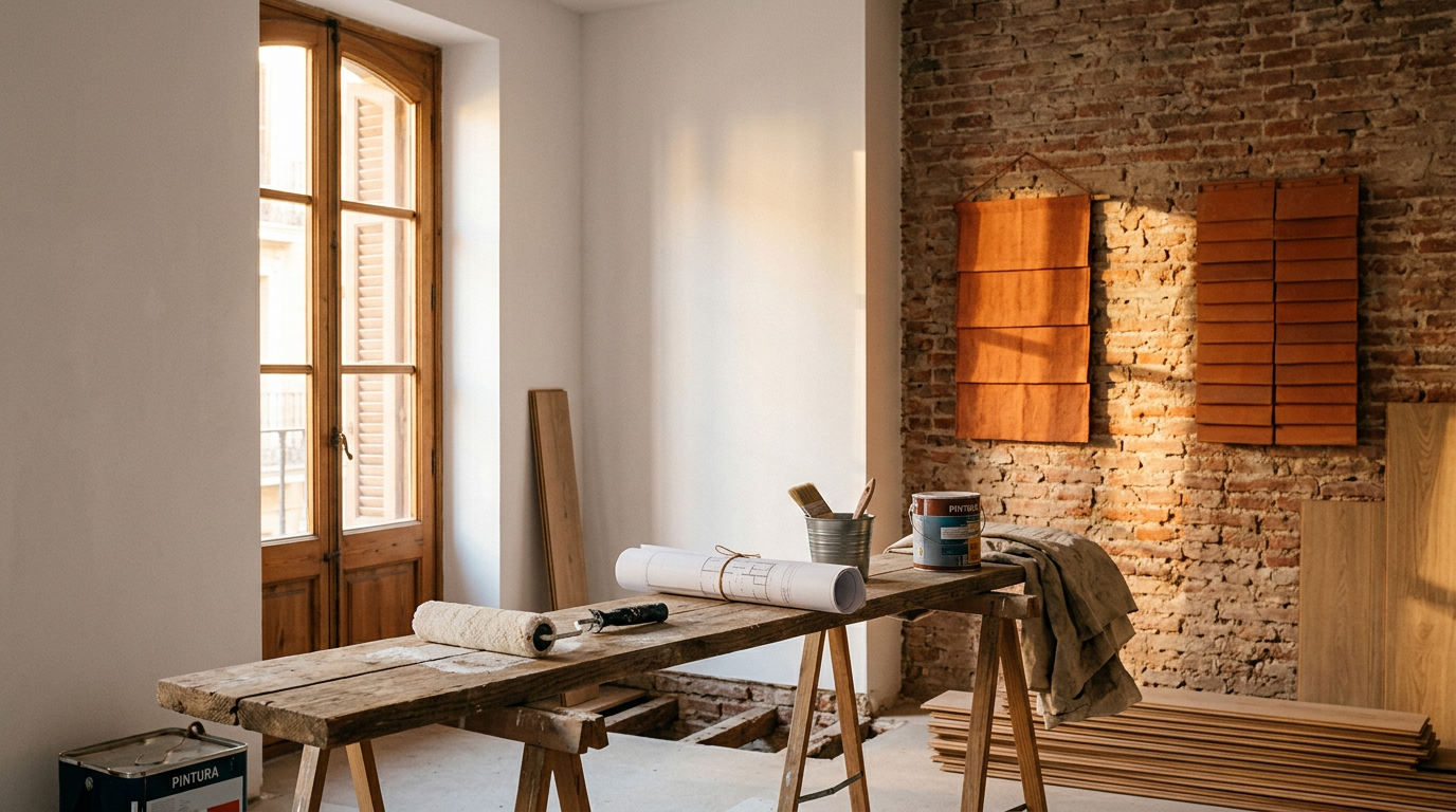 Interior de vivienda en reforma con planos sobre caballetes de madera